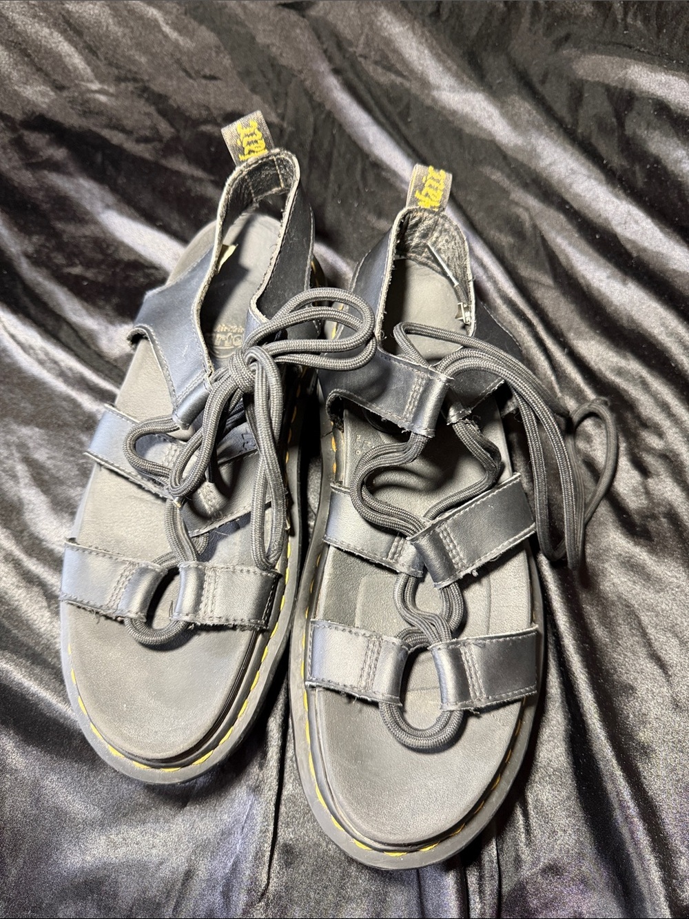 Dr. Martens Black Leather Platform Style Lace-Up Sandals with Yellow Stitching